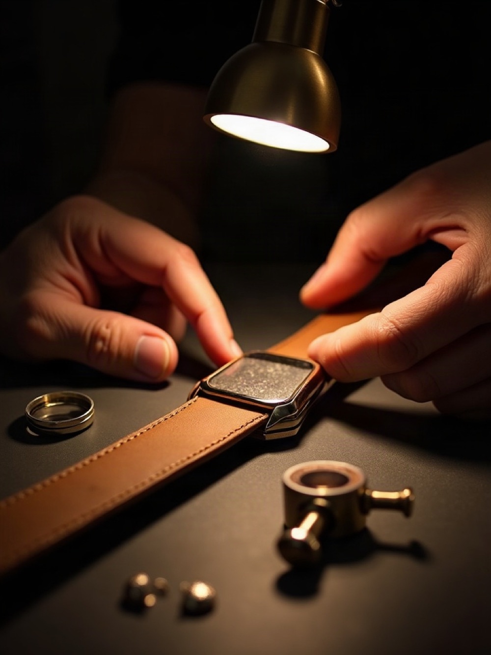 Hands checking a metal clasp and leather edge under a small lamp