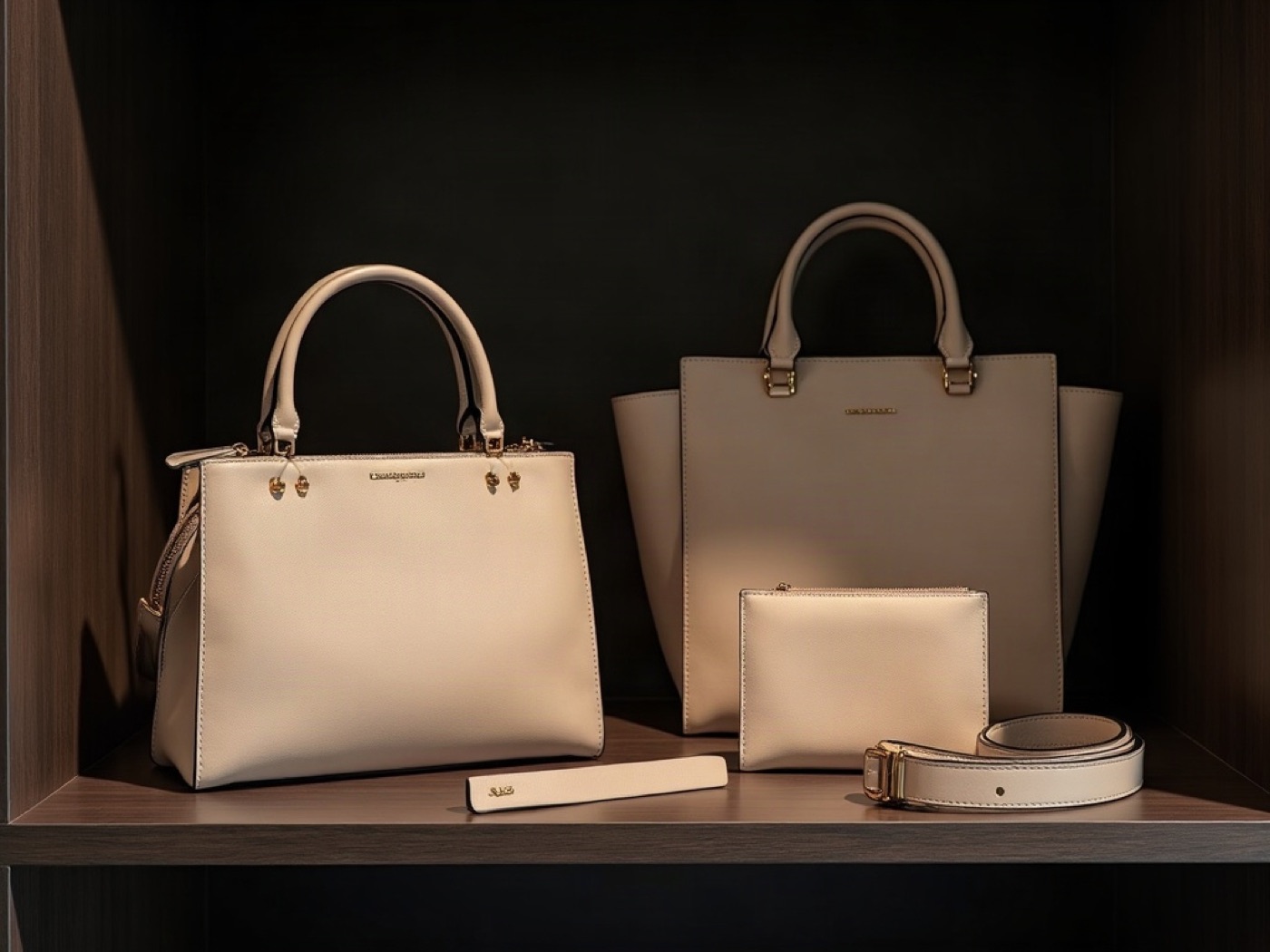 Designer handbags and small leather goods on a dark shelf