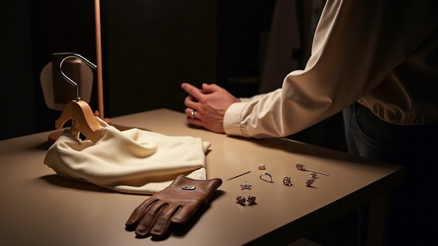 A silk garment on a hanger with pins and small jewelry nearby