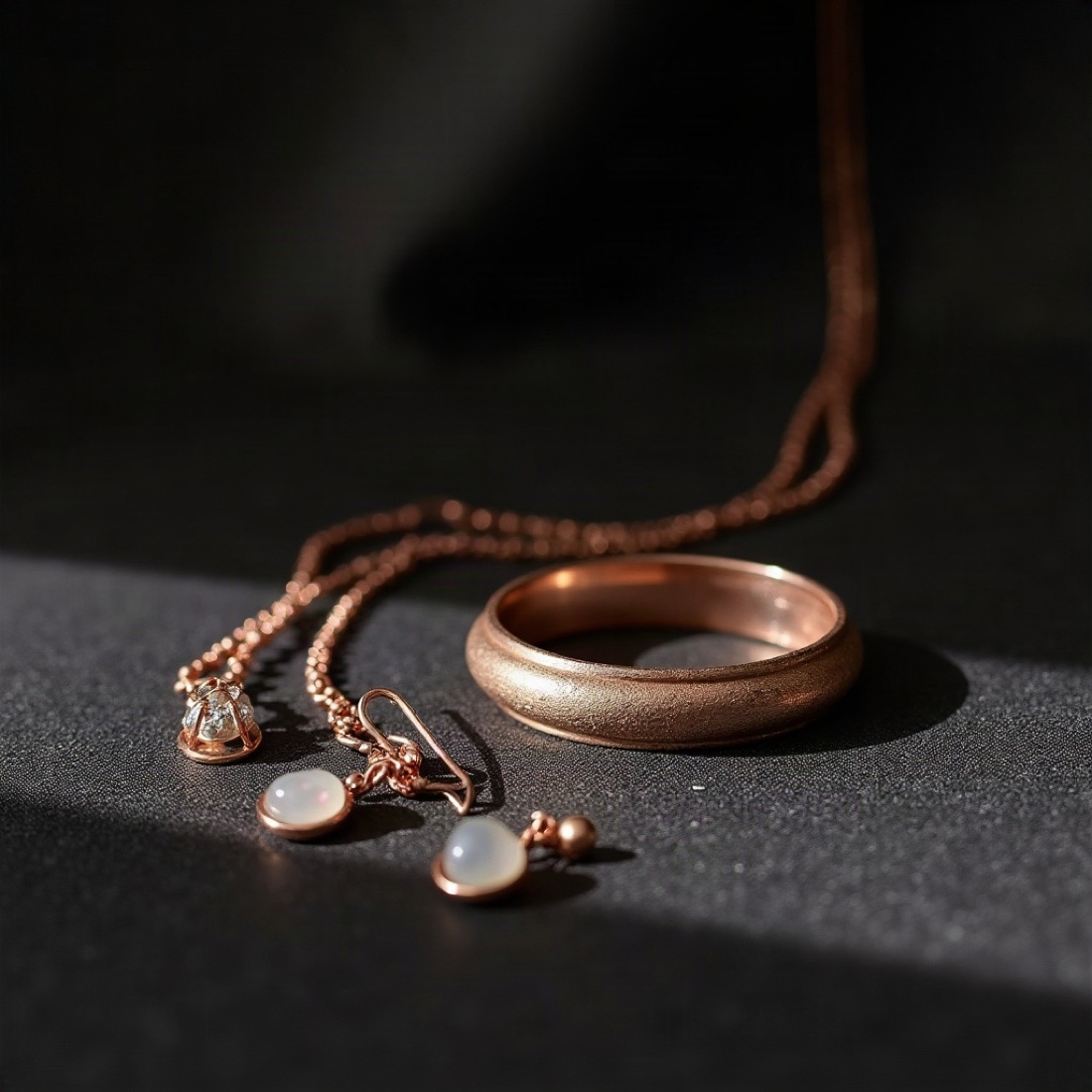 Rose-gold earrings, a fine chain, and a cuff on charcoal linen