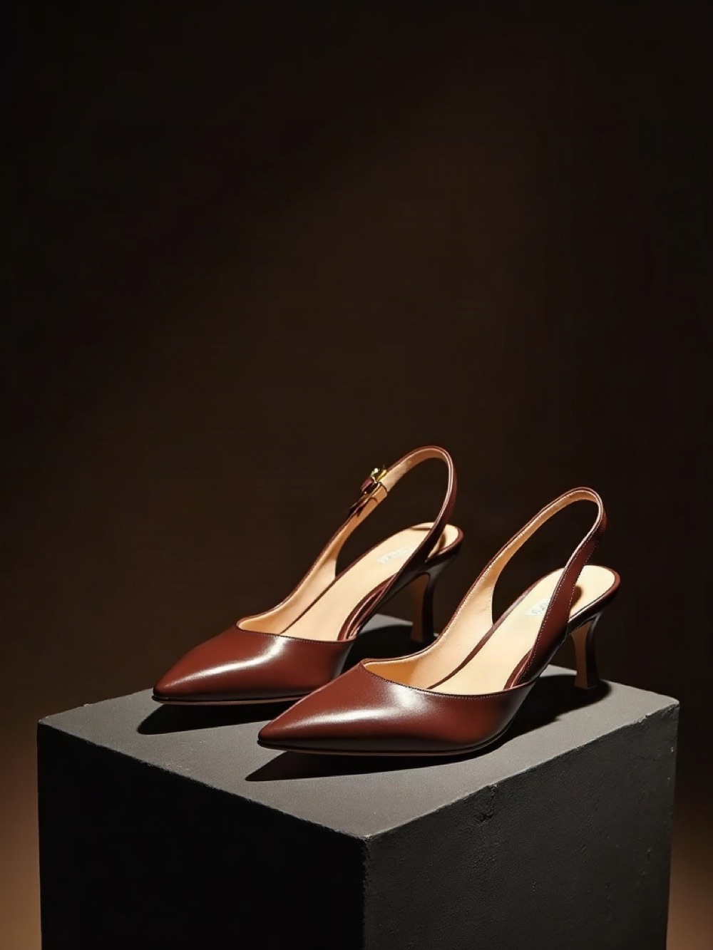 Women's leather pumps and a slingback on a dark stone plinth